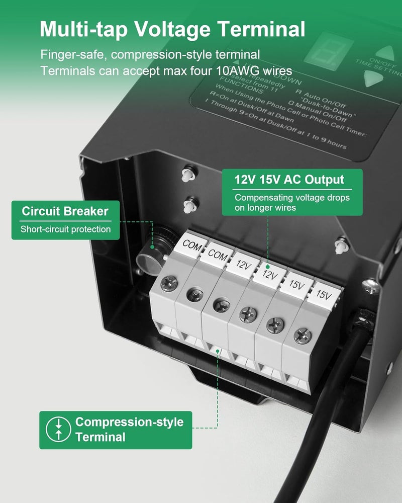 treewell 300W Low Voltage Landscape Transformer, Outdoor Landscape Lighting Transformer with Photocell Sensor & Timer, 120V AC to 12V/15V AC, Stainless Steel Waterproof Transformer, Black, ETL Listed - Image 5